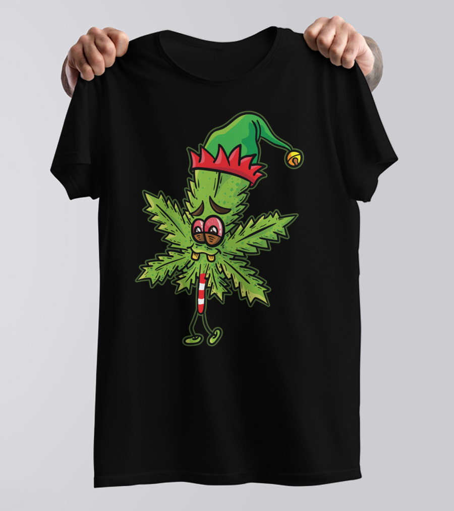 Stoned Elf Cannabis Leaf With Festive Hat Smoking Weed Elves T-Shirt