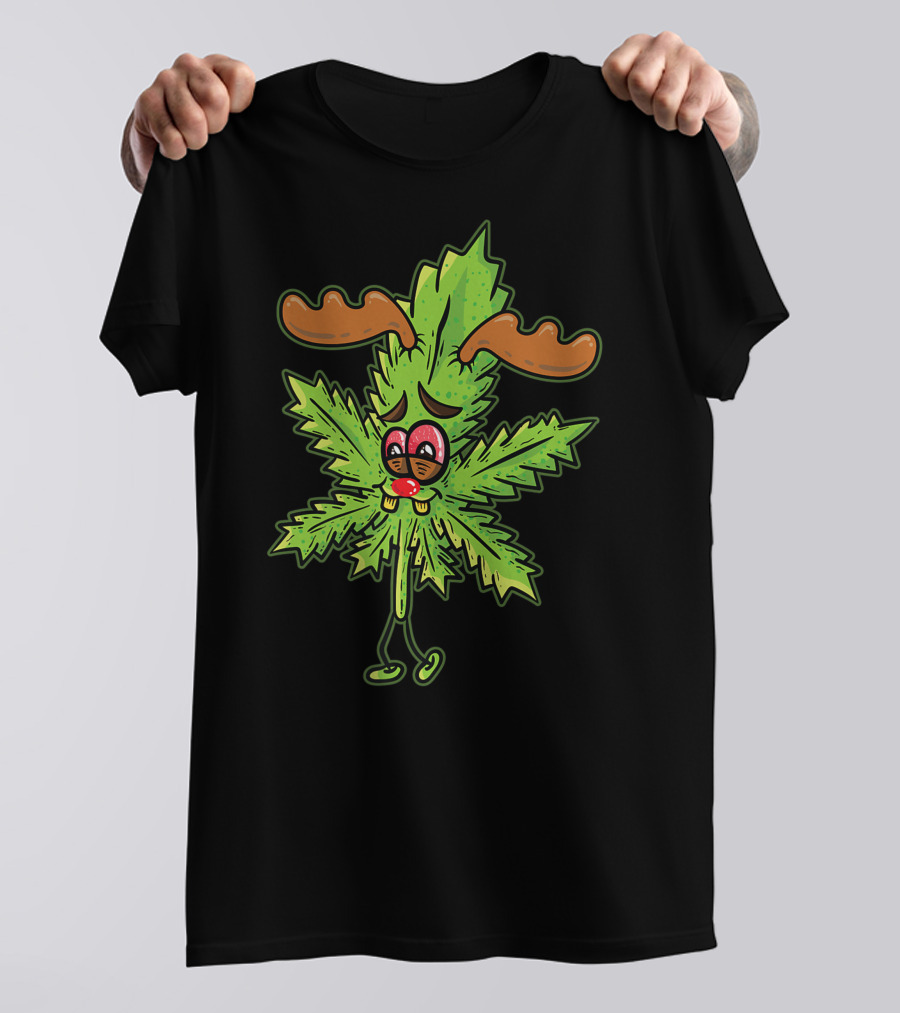 Cannabis Leaf Stoned Reindeer Weed Smoking Rudolph Marijuana Leaf Antlers T-Shirt