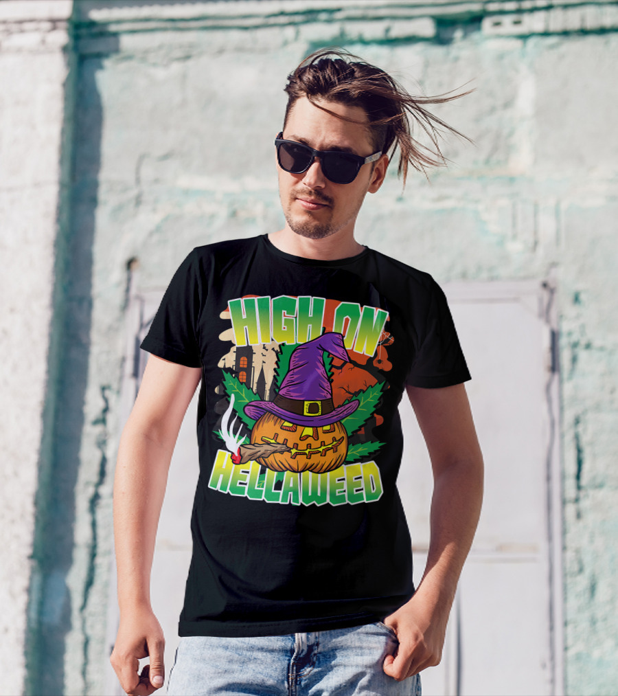 High On Hellaweed Pumpkin Smoking Weed THC Halloween Stoner T-Shirt