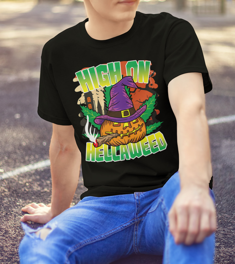High On Hellaweed Pumpkin Smoking Weed THC Halloween Stoner T-Shirt