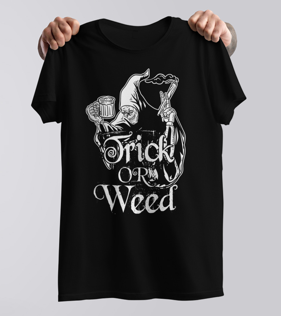 Trick Or Weed Skeleton Grim Reaper Smoking Ganja T-Shirt
