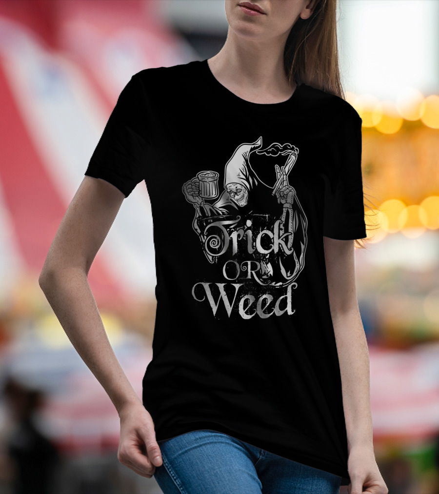 Trick Or Weed Skeleton Grim Reaper Smoking Ganja T-Shirt