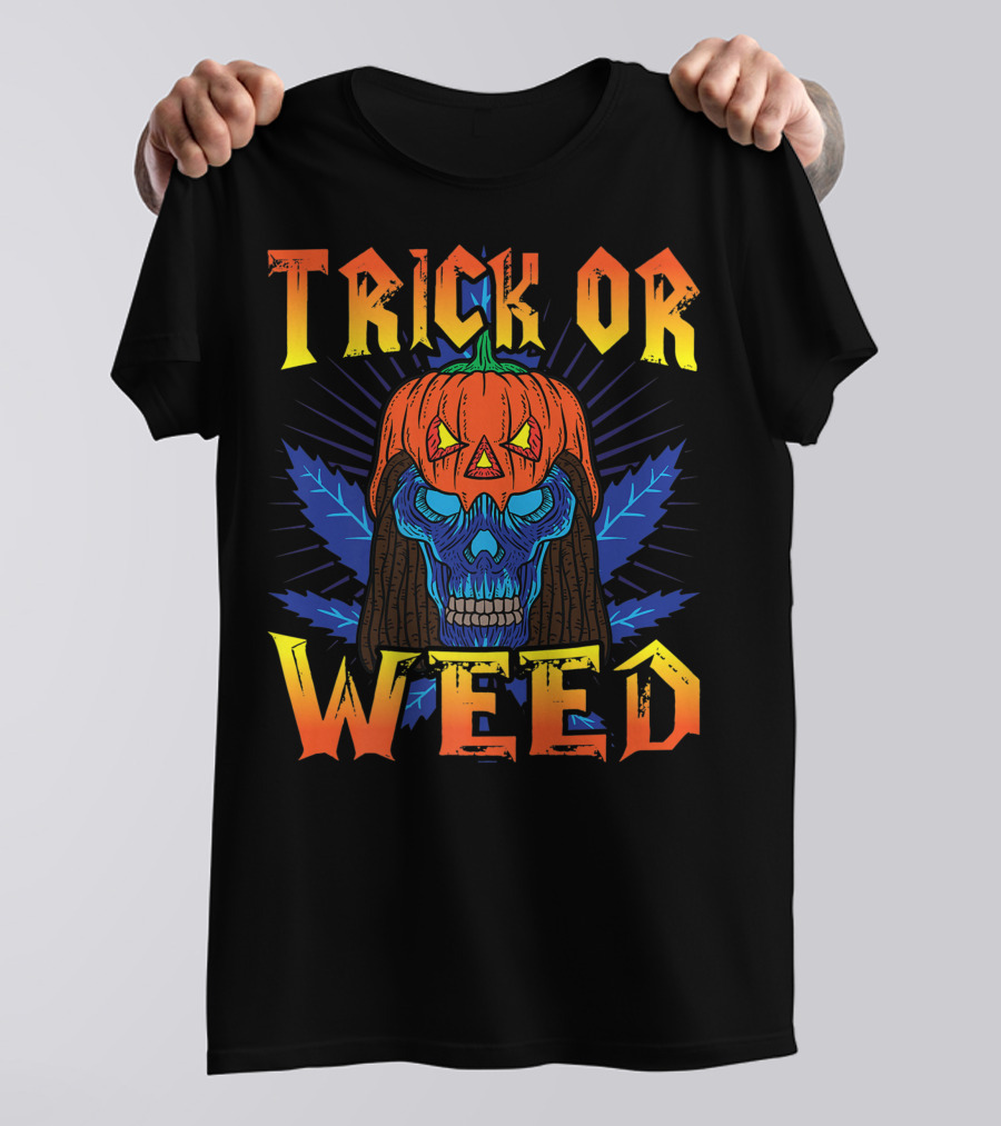 Trick Or Weed Pumpkin Skull Smoking Cannabis THC Halloween Stoner T-Shirt