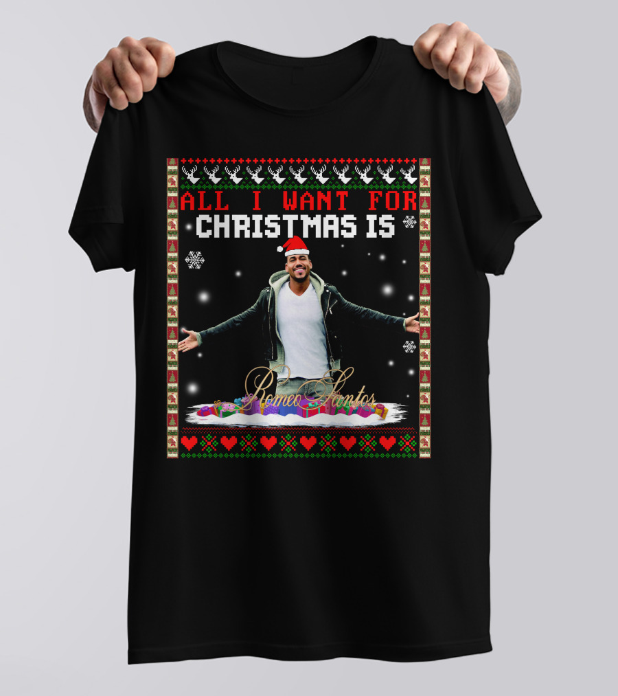 All I Want For Christmas Is Romeo Santos Santa Hat Snowflakes Hearts T-Shirt