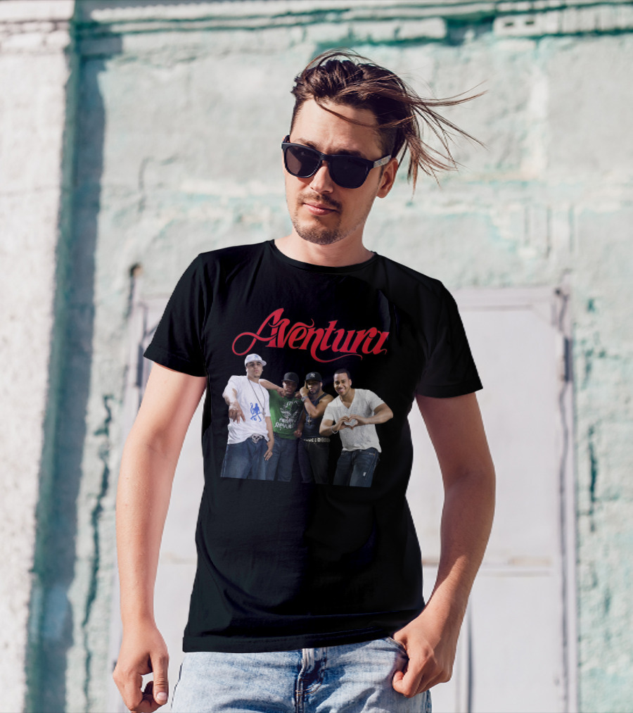 Aventura Band Red Script Logo Casual Group Photo T-Shirt