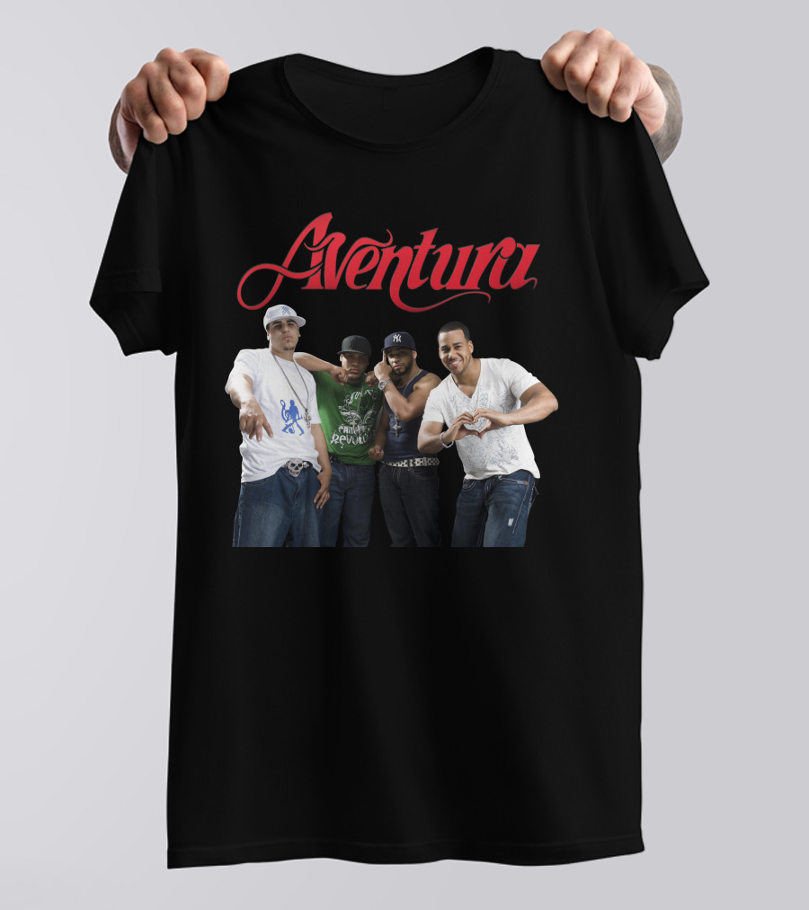 Aventura Band Red Script Logo Casual Group Photo T-Shirt