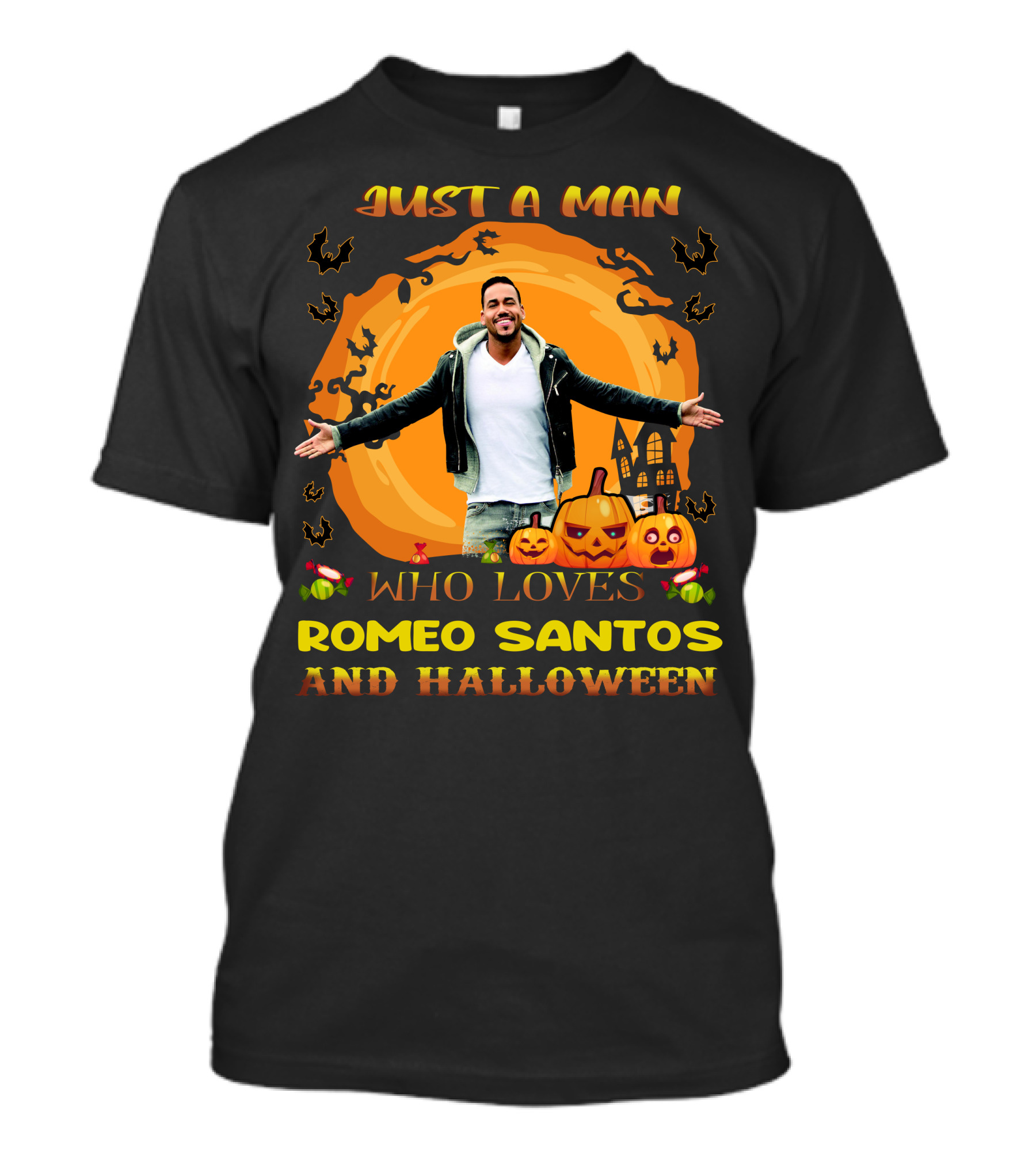Just A Man Who Loves Romeo Santos And Halloween With Pumpkins And Haunted House T-Shirt