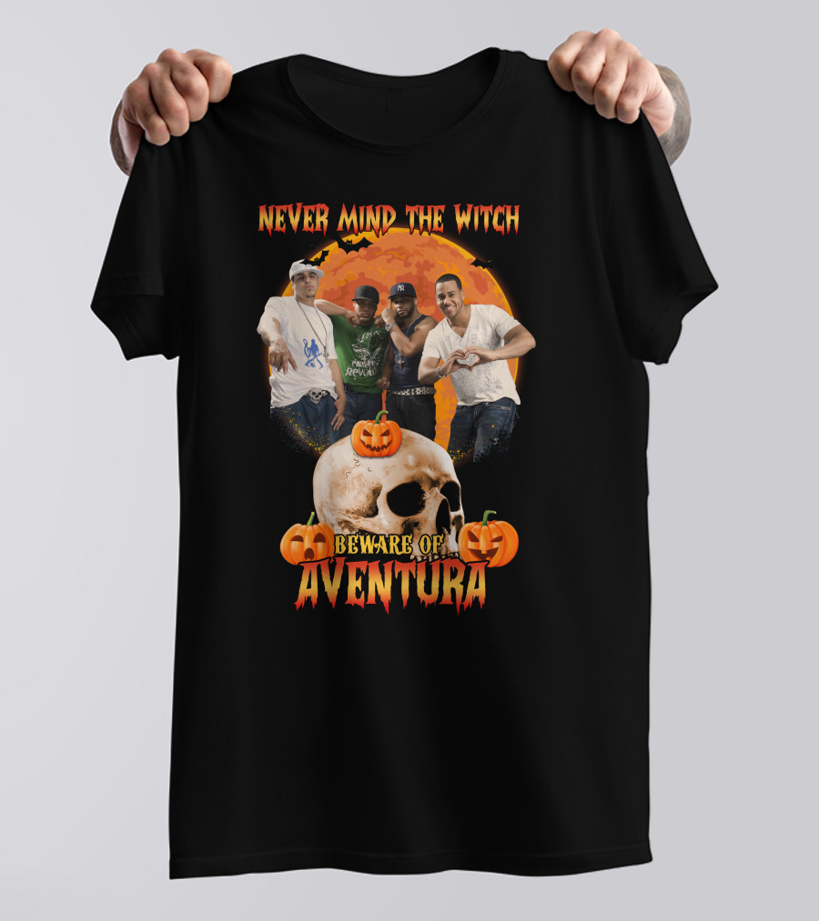 Never Mind The Witch Beware Of Aventura Halloween Pumpkin Skull Scene T-Shirt