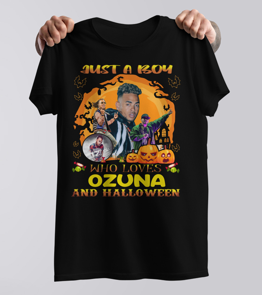 Just A Boy Who Loves Ozuna And Halloween Pumpkins Bats And Haunted House T-Shirt