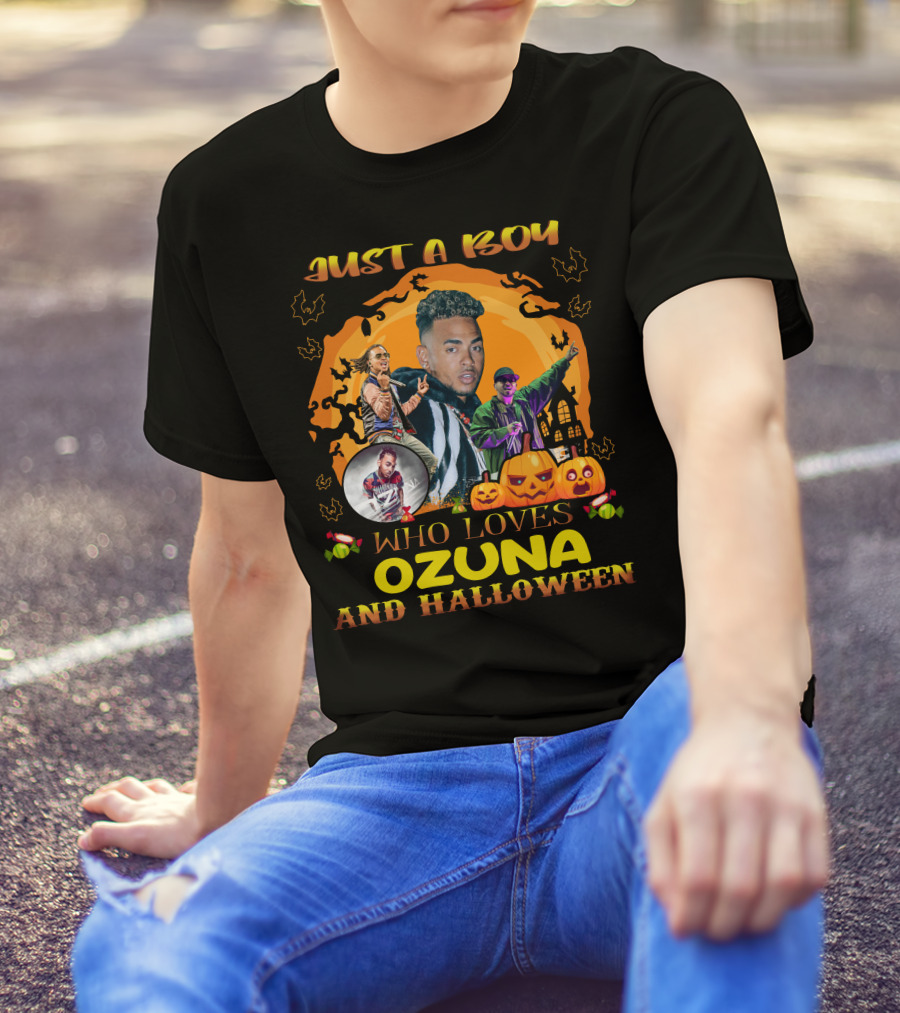 Just A Boy Who Loves Ozuna And Halloween Pumpkins Bats And Haunted House T-Shirt