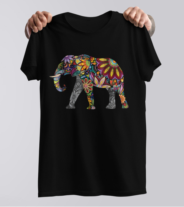 Elephant Flower Pattern Illustrated Coloring Book T-Shirt