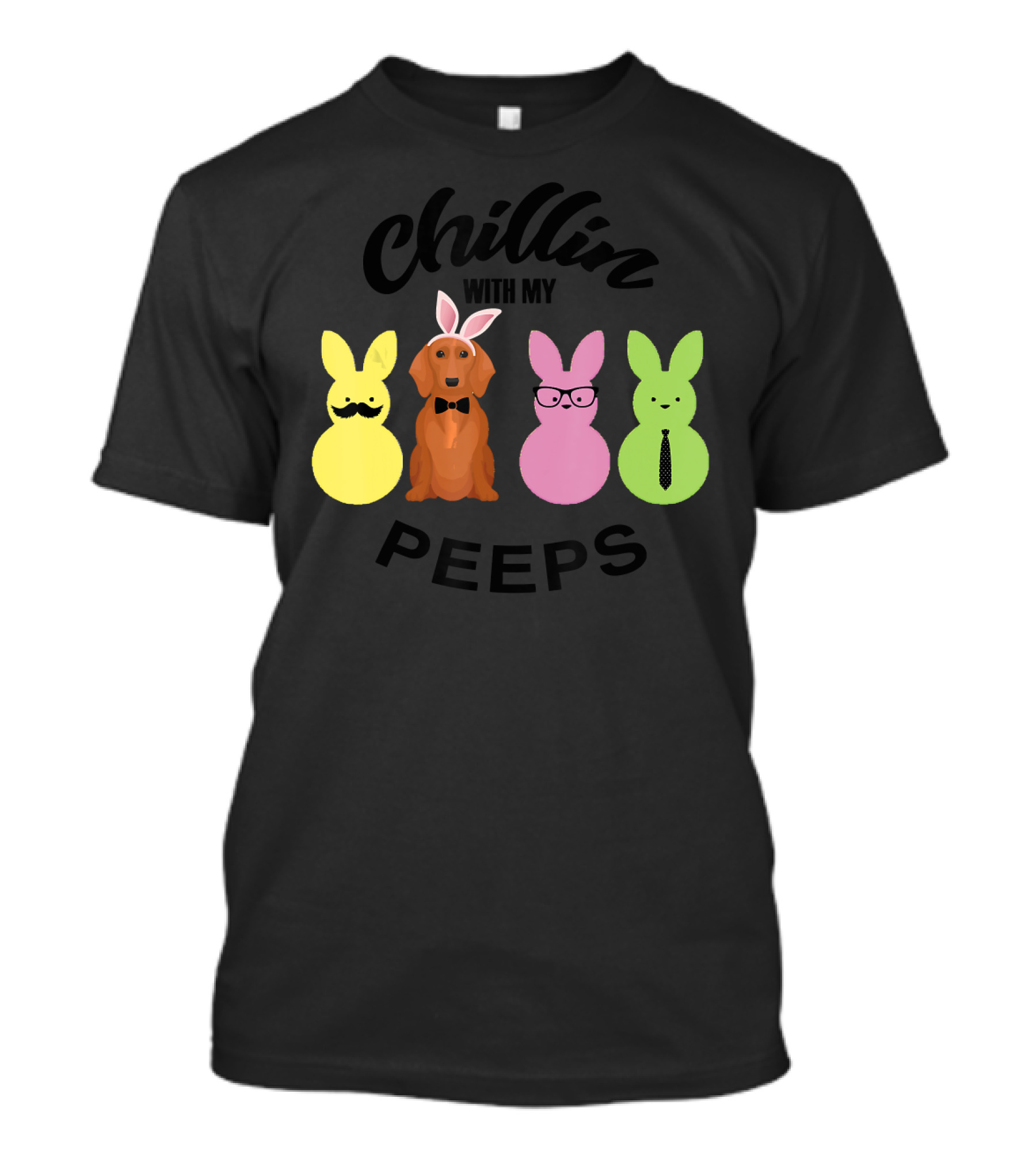Chillin With My Peeps Easter Bunny Dachshund Wearing Bow Tie And Glasses T-Shirt