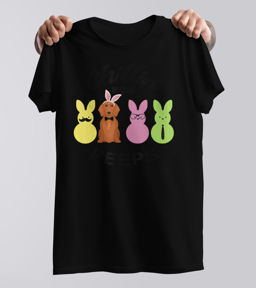 Chillin With My Peeps Easter Bunny Dachshund Wearing Bow Tie And Glasses T-Shirt