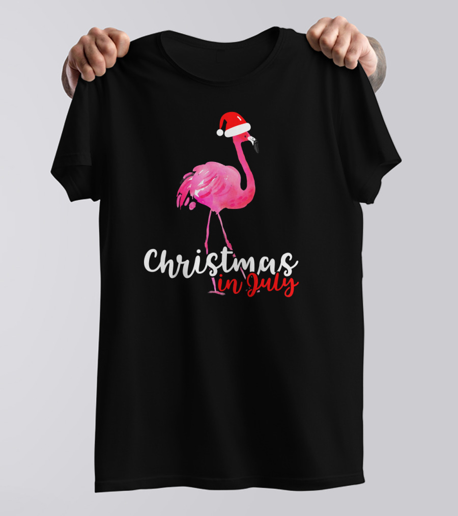 Christmas In July Flamingo With Santa Hat T-Shirt