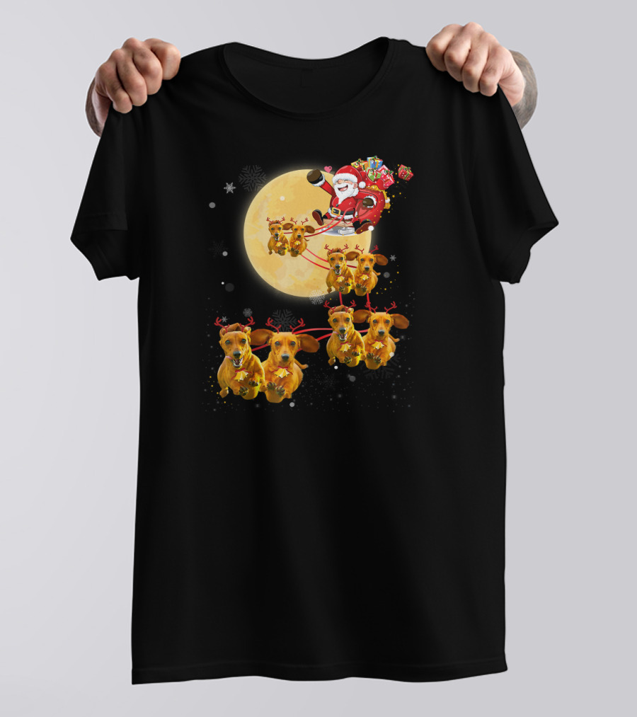 Santa Sleigh Dachshund Reindeer Christmas Moon T-Shirt