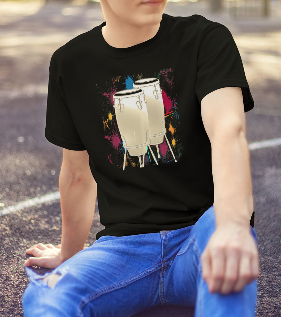 Conga Drum Artistic Design With Vibrant Color Splash Background T-Shirt