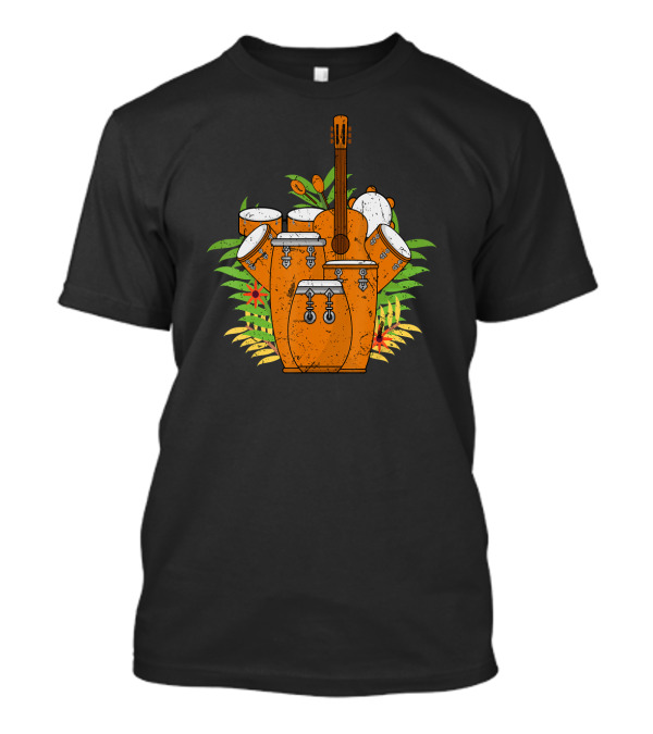 Conga Drum Bongo Guitar Tropical Floral Ensemble T-Shirt