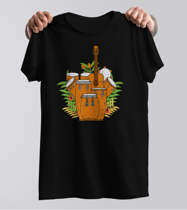 Conga Drum Bongo Guitar Tropical Floral Ensemble T-Shirt