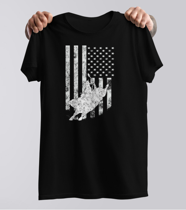 Cowboy Riding Bull American Flag Patriotic T-Shirt