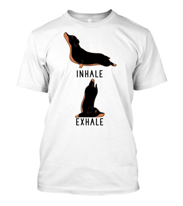Inhale Exhale Yoga Black And Tan Dachshund Stretching Poses T-Shirt