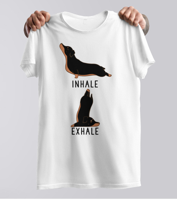 Inhale Exhale Yoga Black And Tan Dachshund Stretching Poses T-Shirt