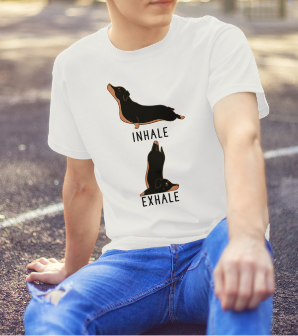 Inhale Exhale Yoga Black And Tan Dachshund Stretching Poses T-Shirt