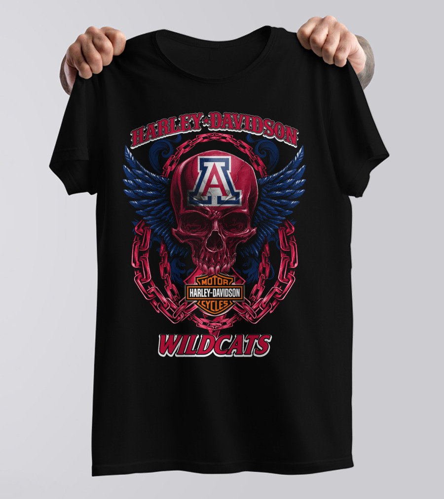 Harley Davidson Arizona Wildcats Motor Cycles Skull And Chains T-Shirt