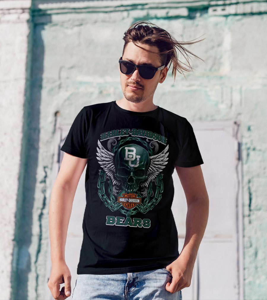 Baylor Bears Harley Davidson Bu Skull Wings Motorcycles T-Shirt