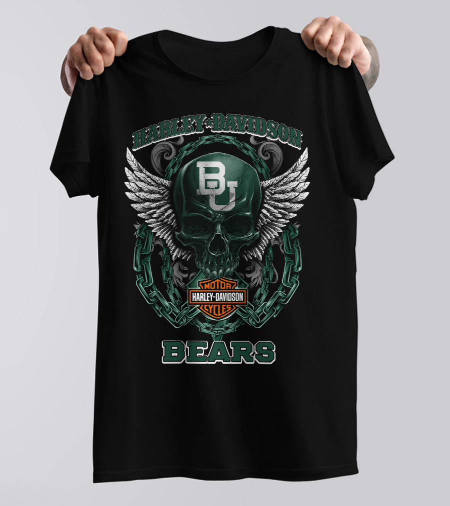 Baylor Bears Harley Davidson Bu Skull Wings Motorcycles T-Shirt