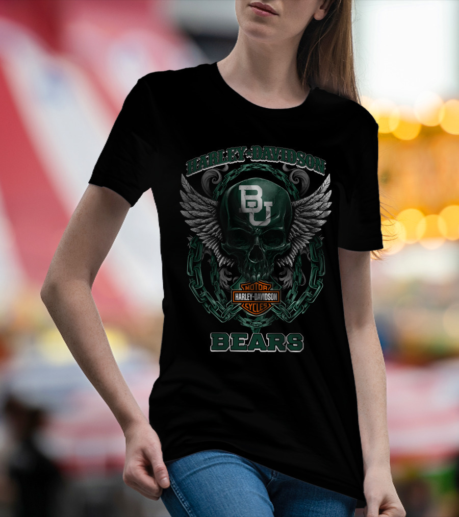 Baylor Bears Harley Davidson Bu Skull Wings Motorcycles T-Shirt