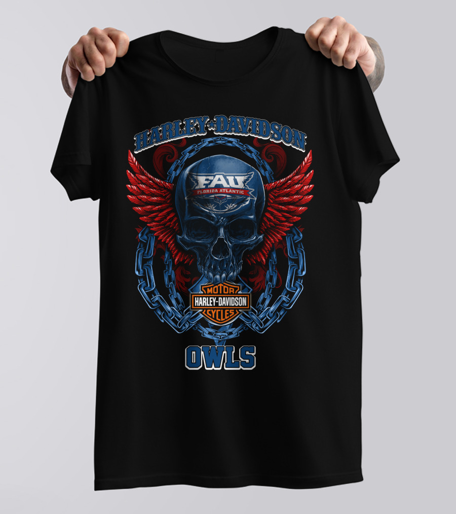Harley Davidson Florida Atlantic Fau Owls Skull And Wings T-Shirt