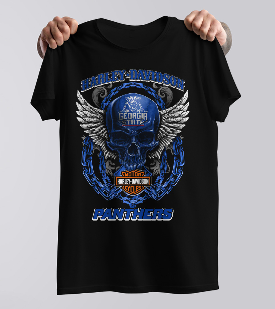 Harley Davidson Georgia State Panthers Motorcycles Skull Wings T-Shirt