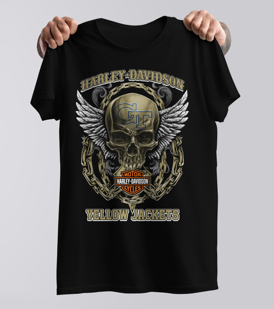Harley Davidson Georgia Tech Gt Yellow Jackets Skull Wings Chains T-Shirt