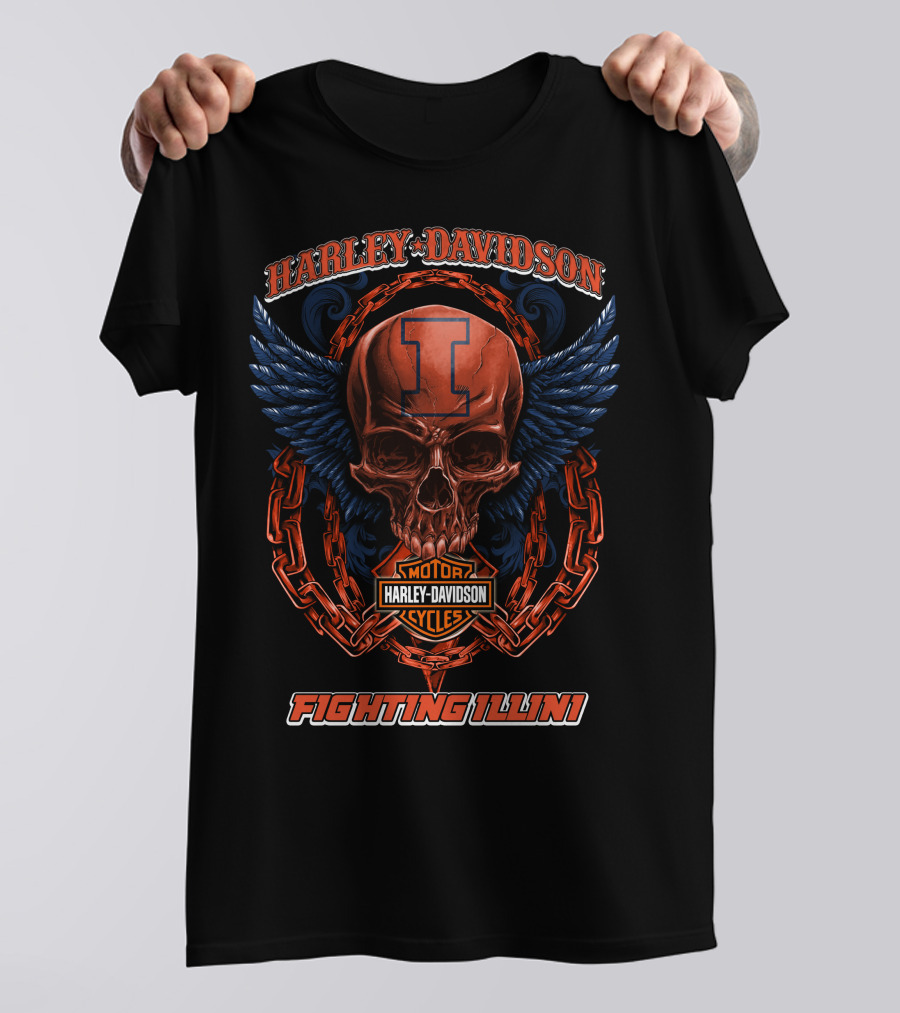Harley Davidson Motorcycles Illinois Fighting Illini Skull With Wings T-Shirt