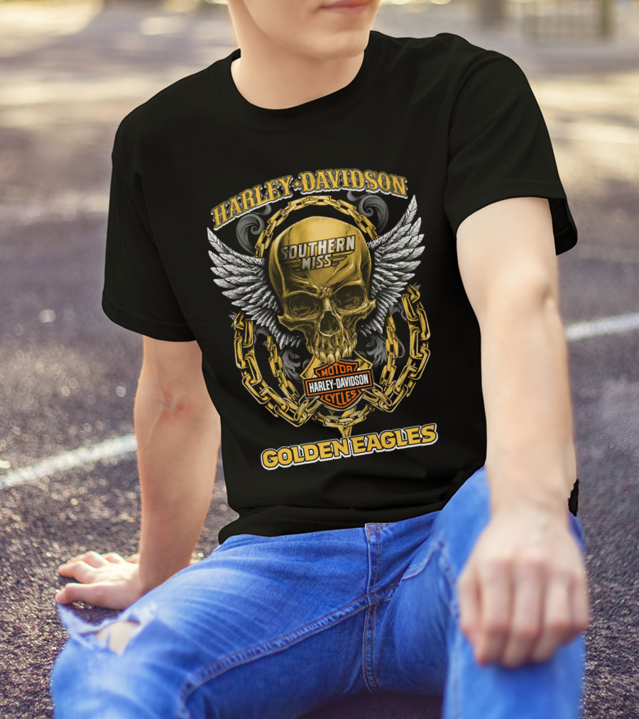 Harley Davidson Southern Miss Golden Eagles Motor Cycles Skull Wings Chains T-Shirt