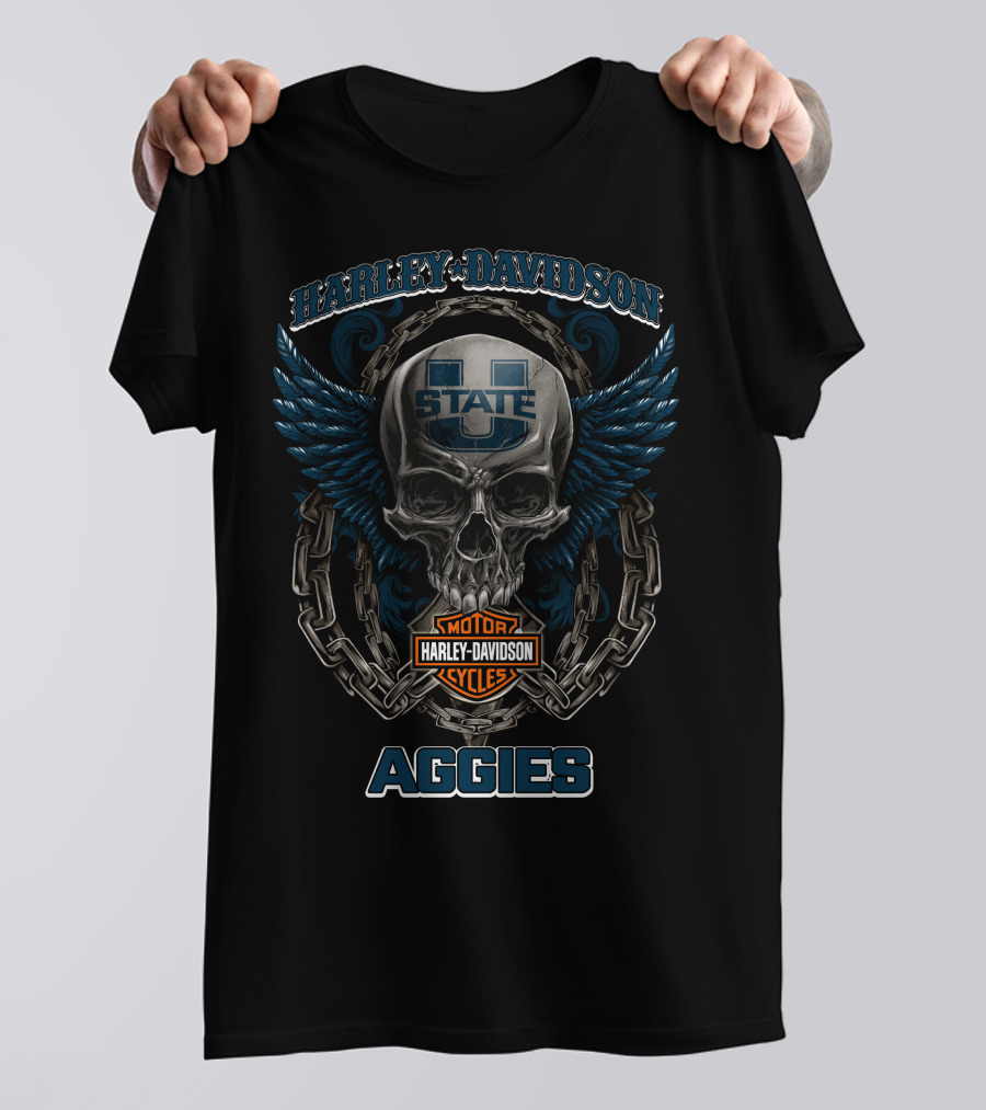 Harley Davidson Utah State Aggies Football Skull With Wings And Chains T-Shirt