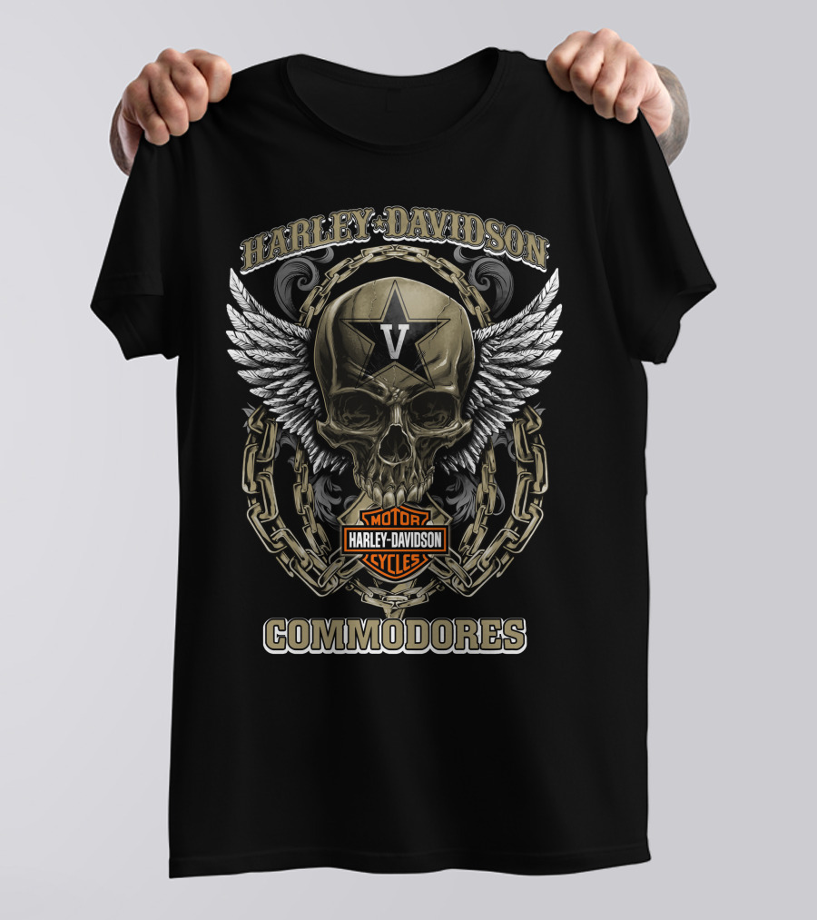 Harley Davidson Motor Cycles Vanderbilt Commodores Skull Wings Chain T-Shirt
