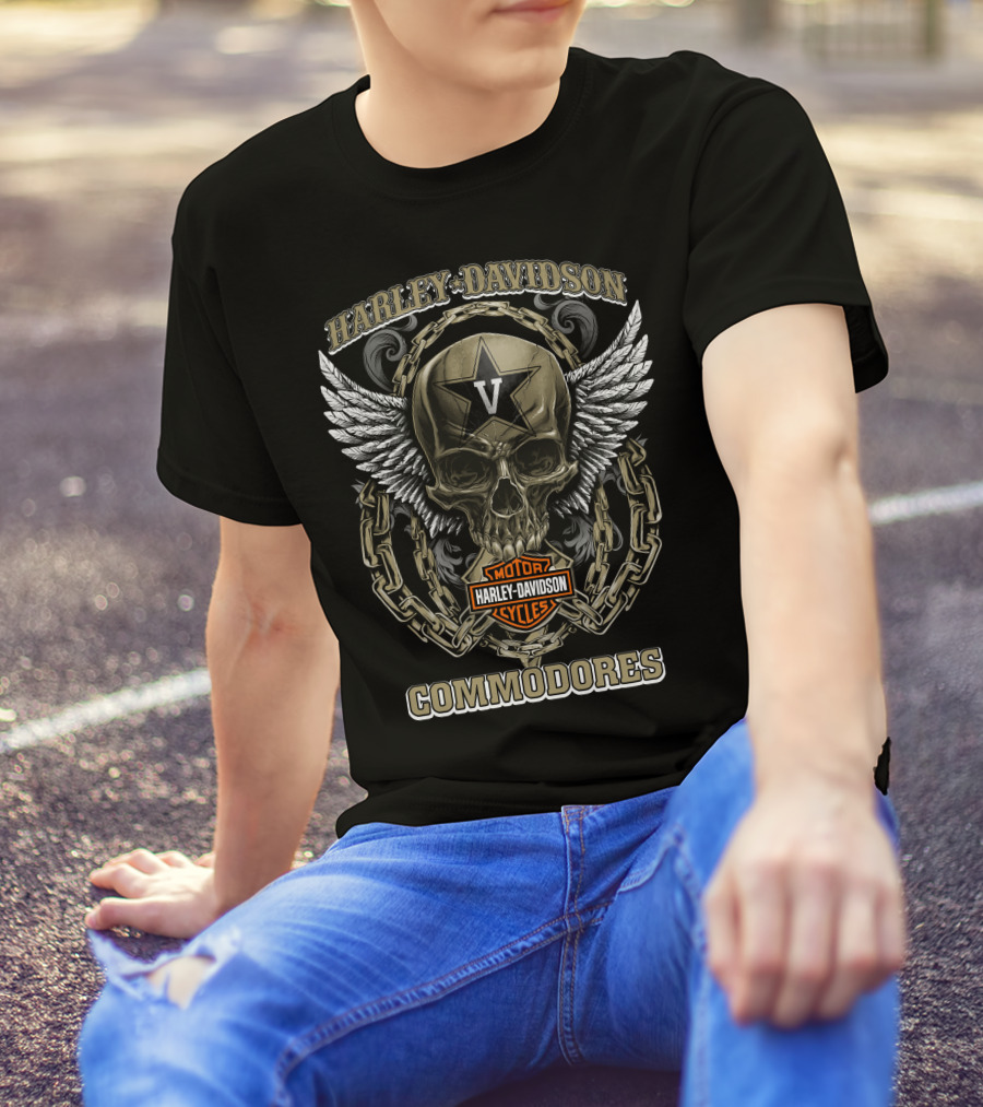 Harley Davidson Motor Cycles Vanderbilt Commodores Skull Wings Chain T-Shirt