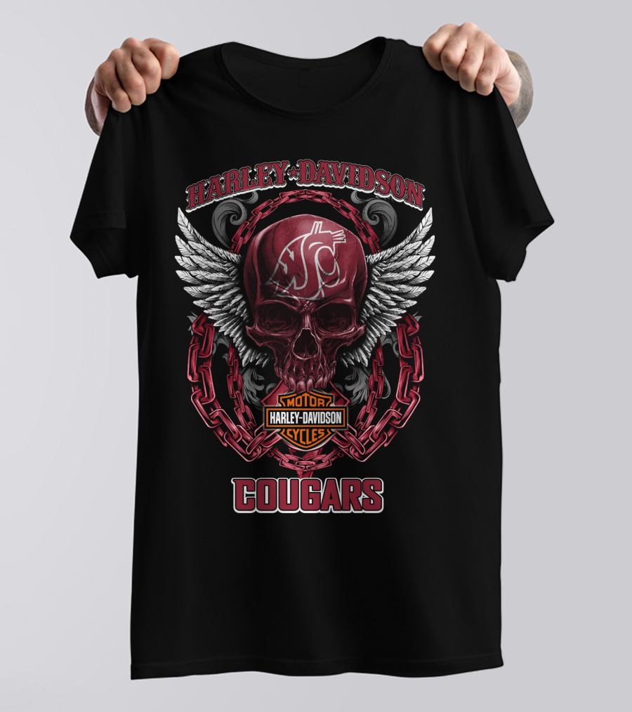 Harley Davidson Cougars Skull Wings Logo Washington State Football T-Shirt