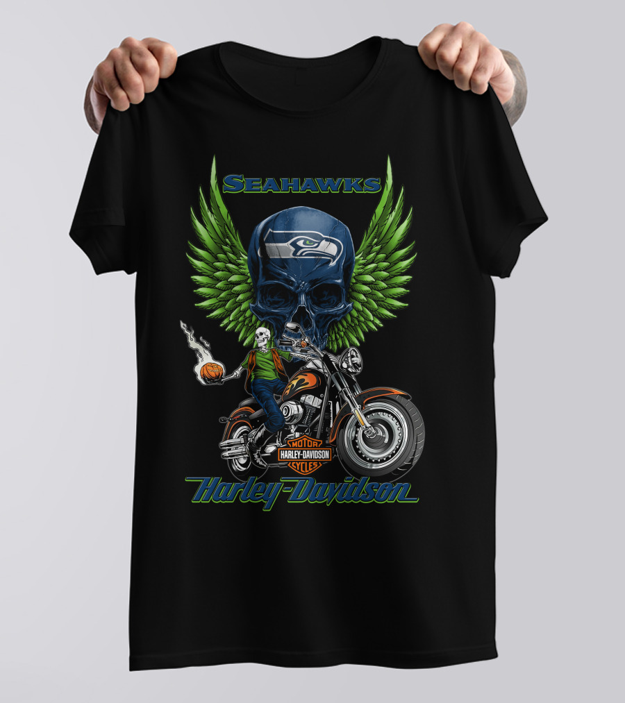 Seahawks Harley Davidson Motorcycles Green Wings Skull Rider Nfl Seattle T-Shirt