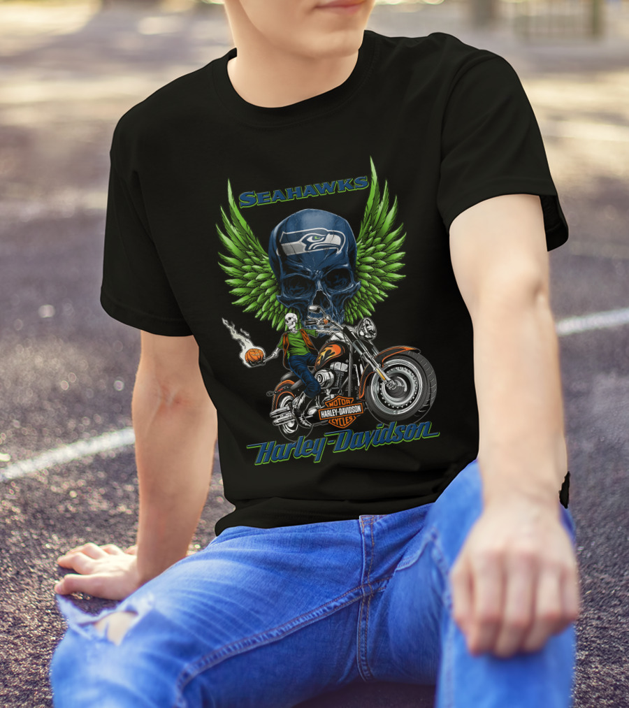 Seahawks Harley Davidson Motorcycles Green Wings Skull Rider Nfl Seattle T-Shirt