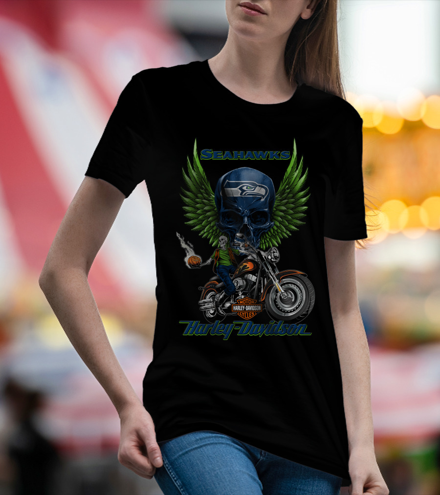 Seahawks Harley Davidson Motorcycles Green Wings Skull Rider Nfl Seattle T-Shirt