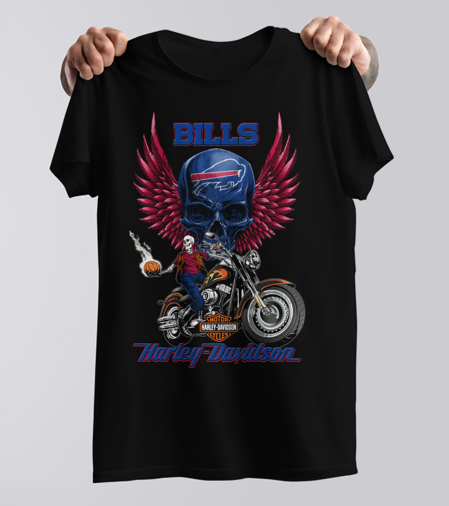 Bills Harley Davidson Motorcycle Skull Wings Nfl Buffalo Riders T-Shirt