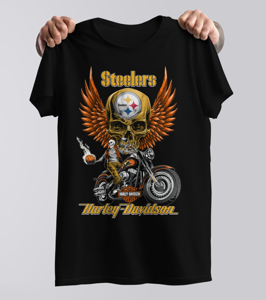 Steelers Harley Davidson Motor Cycles Skull Wings Nfl Pittsburgh T-Shirt