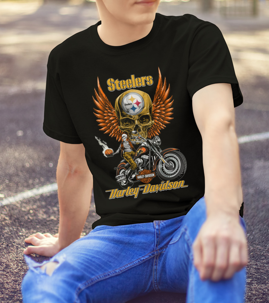 Steelers Harley Davidson Motor Cycles Skull Wings Nfl Pittsburgh T-Shirt