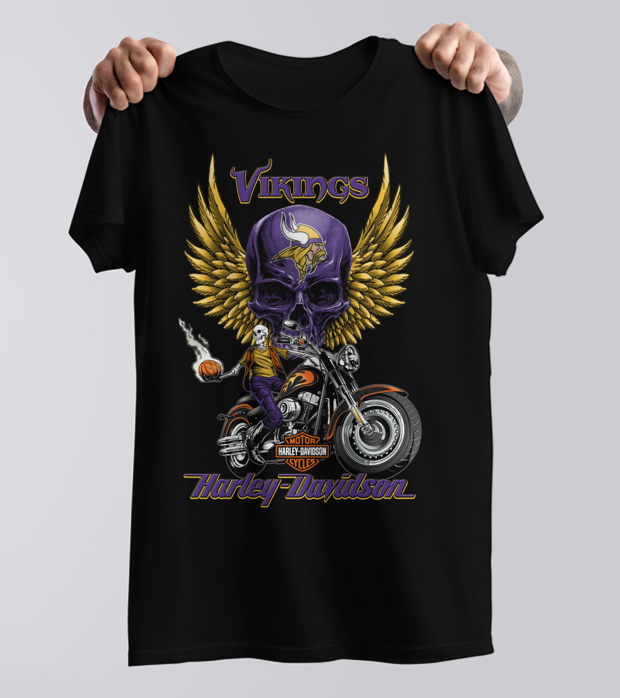 Vikings Harley Davidson Motorcycle Skull And Wings Nfl Minnesota T-Shirt