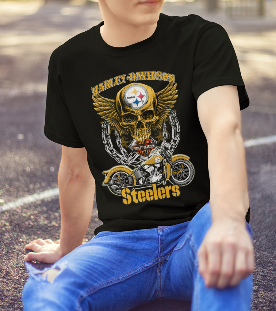 Pittsburgh Steelers Harley Davidson Winged Skull Motorcycle Nfl Hd18 T-Shirt