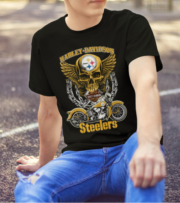 Pittsburgh Steelers Harley Davidson Winged Skull Motorcycle Nfl Hd18 T-Shirt