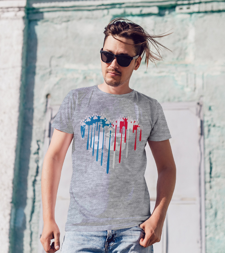 I Love Drums American Flag Heart With Paw Prints And Stars T-Shirt