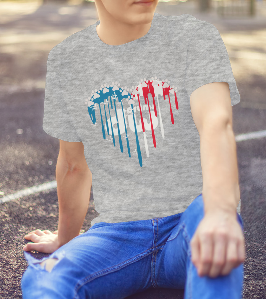 I Love Drums American Flag Heart With Paw Prints And Stars T-Shirt